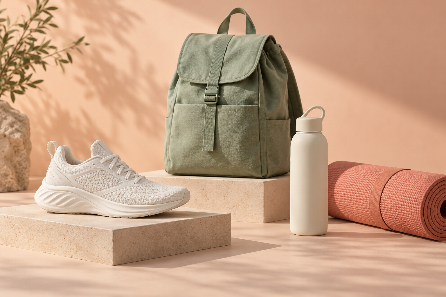 An artful collection of active essentials: a sage backpack, running shoe, yoga mat and water bottle